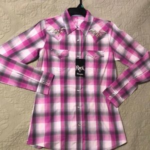 Wrangler pink plaid Rock 47 western shirt small